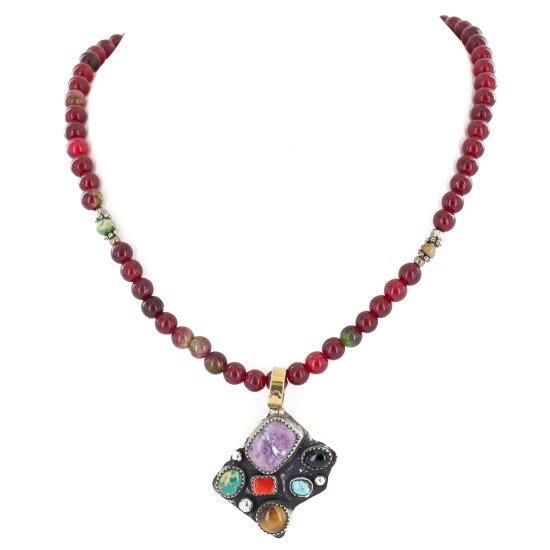 Certified Authentic 12kt Gold Filled and .925 Sterling Silver Bear Handmade Natural Turquoise and Multicolor Stones Native American Necklace 24333-3-16026-1
