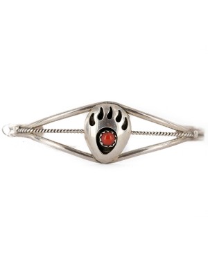 Handmade Bear paw Certified Authentic and Mae Navajo .925 Sterling Silver Coral Native American Bracelet 12442