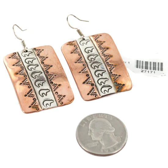 Handmade Bear Navajo Handstamped Pure .925 Sterling Silver Copper Dangle Native American Earrings 27171-2 Handmade Bear Navajo Handstamped Pure .925 Sterling Silver Copper Dangle Native American Earrings 27171-2