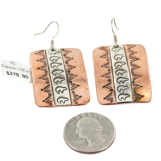Handmade Bear Navajo Handstamped Pure .925 Sterling Silver Copper Dangle Native American Earrings 27171-2 Handmade Bear Navajo Handstamped Pure .925 Sterling Silver Copper Dangle Native American Earrings 27171-2