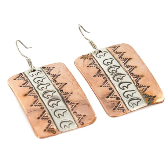 Handmade Bear Navajo Handstamped Pure .925 Sterling Silver Copper Dangle Native American Earrings 27171-2 Handmade Bear Navajo Handstamped Pure .925 Sterling Silver Copper Dangle Native American Earrings 27171-2