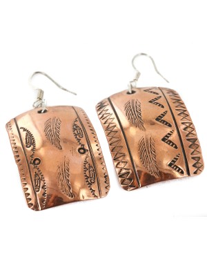 Handmade Certified Authentic Feather Navajo Handstamped Pure Copper Dangle Native American Earrings 18088-1-0