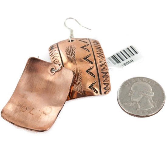 Handmade Certified Authentic Feather Navajo Handstamped Pure Copper Dangle Native American Earrings 18088-1-0