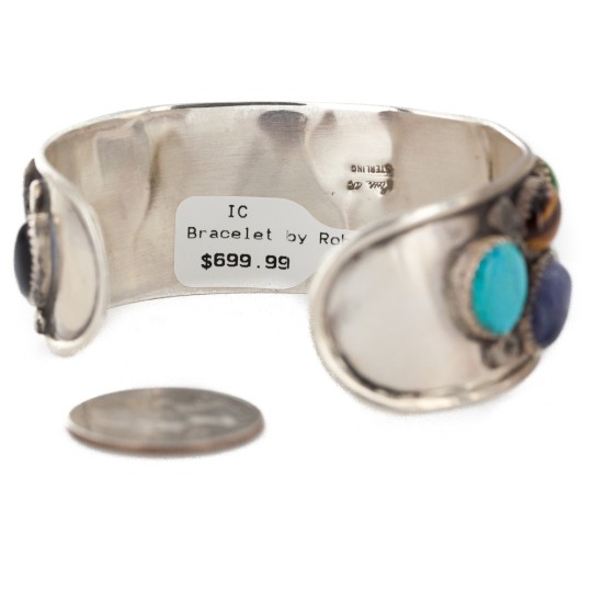 Handmade Certified Authentic Navajo .925 Sterling Silver Natural Turquoise and Multicolor Stones Native American Bracelet 12785