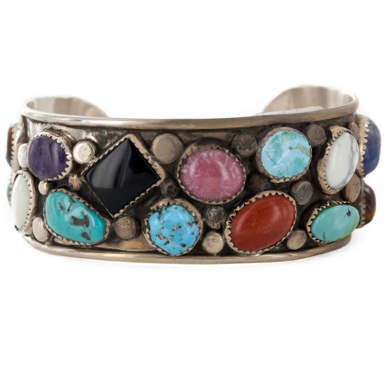 Handmade Certified Authentic Navajo .925 Sterling Silver Natural Turquoise and Multicolor Stones Native American Bracelet 12785