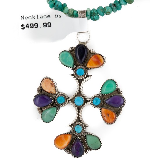 Handmade Certified Authentic Petit point Zuni .925 Sterling Silver Natural Turquoise Coral Sugilite Spiny Oyster Native American Necklace 24244-15336