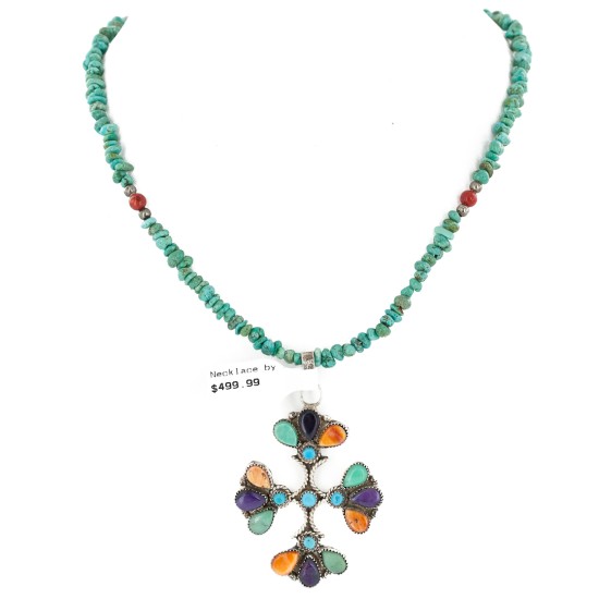 Handmade Certified Authentic Petit point Zuni .925 Sterling Silver Natural Turquoise Coral Sugilite Spiny Oyster Native American Necklace 24244-15336