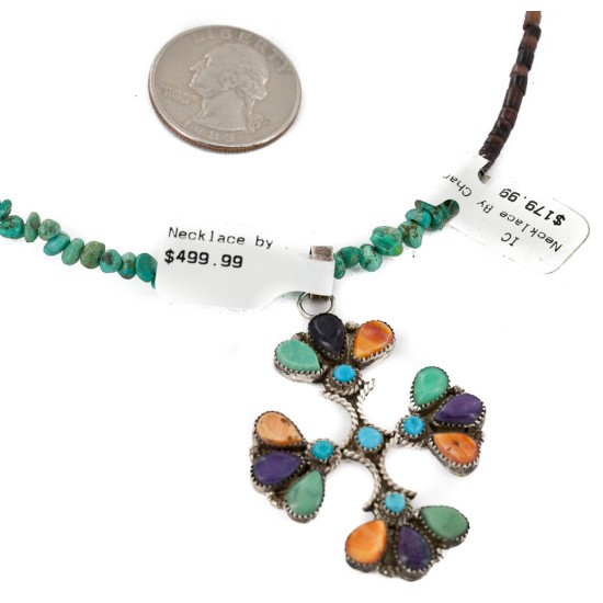 Handmade Certified Authentic Petit point Zuni .925 Sterling Silver Natural Turquoise Coral Sugilite Spiny Oyster Native American Necklace 24244-15336