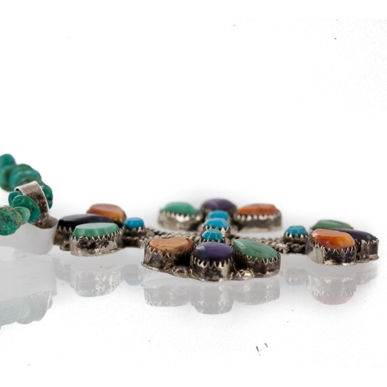 Handmade Certified Authentic Petit point Zuni .925 Sterling Silver Natural Turquoise Coral Sugilite Spiny Oyster Native American Necklace 24244-15336
