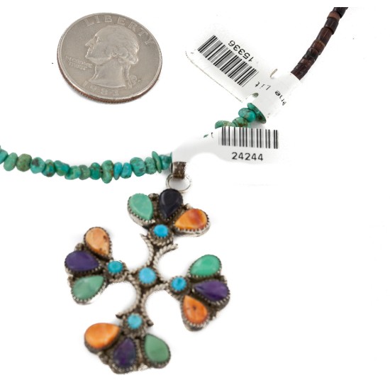 Handmade Certified Authentic Petit point Zuni .925 Sterling Silver Natural Turquoise Coral Sugilite Spiny Oyster Native American Necklace 24244-15336