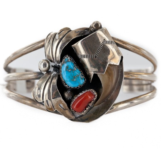 Handmade Certified Authentic Signed Navajo .925 Sterling Silver Natural Turquoise and Coral Native American Bracelet 12616