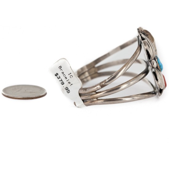 Handmade Certified Authentic Signed Navajo .925 Sterling Silver Natural Turquoise and Coral Native American Bracelet 12616