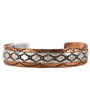 Handmade Mountain Certified Authentic Roanhorse Navajo Pure .925 Sterling Silver Copper Native American Bracelet 12770-2-0
