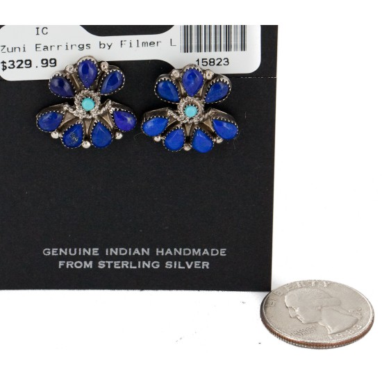 Handmade Certified Authentic Petit Point Zuni .925 Sterling Silver Natural Turquoise and Lapis Stud Native American Earrings 15823