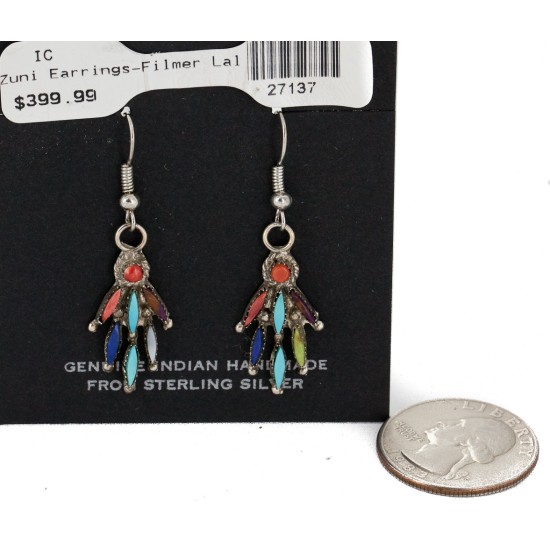Handmade Certified Authentic Zuni .925 Sterling Silver Natural Multicolor Dangle Native American Earrings 27137
