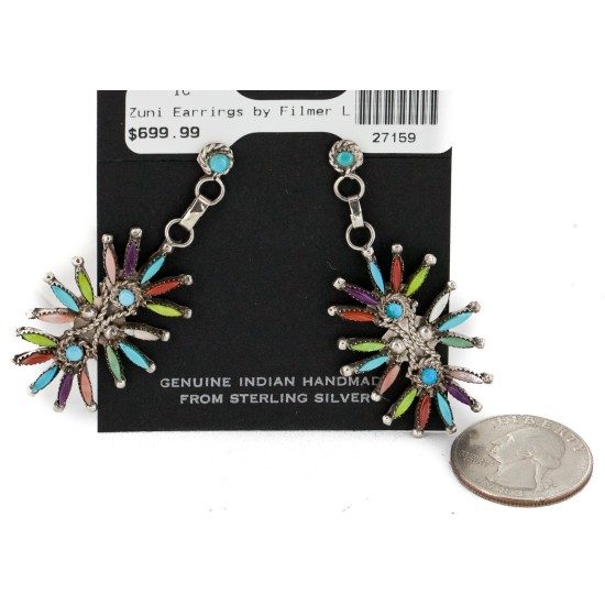 Handmade Certified Authentic Zuni .925 Sterling Silver Natural Multicolor Dangle Native American Earrings 27159