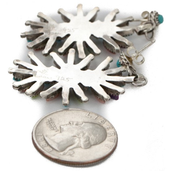 Handmade Certified Authentic Zuni .925 Sterling Silver Natural Multicolor Dangle Native American Earrings 27159
