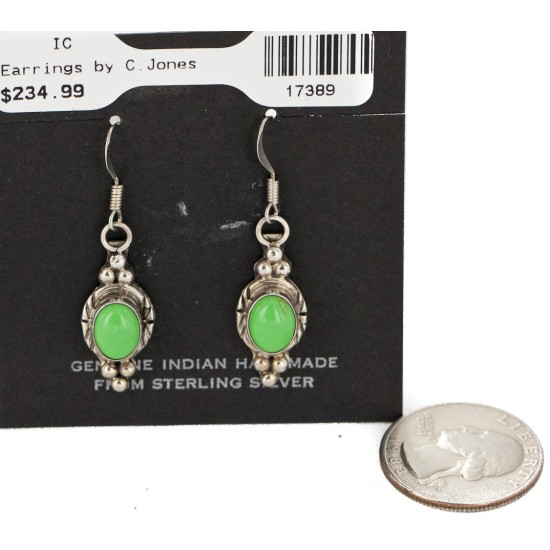 Certified Authentic Handmade Navajo Signed C. Jones .925 Sterling Silver Dangle Native American Earrings Natural Gaspeite 17389