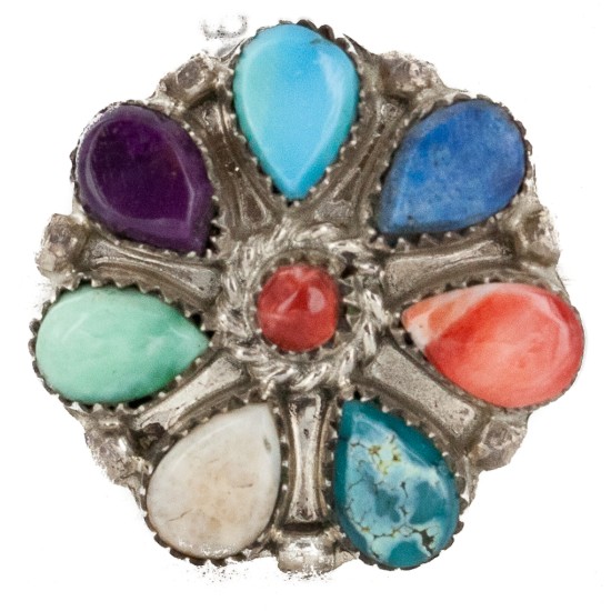 Petit Point Handmade Certified Authentic Zuni .925 Sterling Silver Natural Turquoise and Multicolor Native American Ring  16942-1