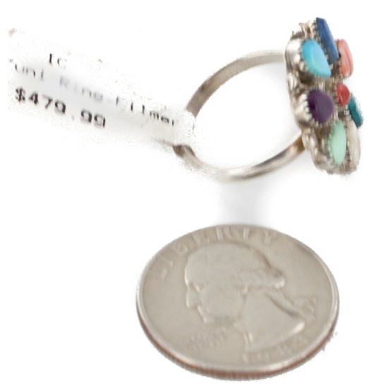 Petit Point Handmade Certified Authentic Zuni .925 Sterling Silver Natural Turquoise and Multicolor Native American Ring  16942-1