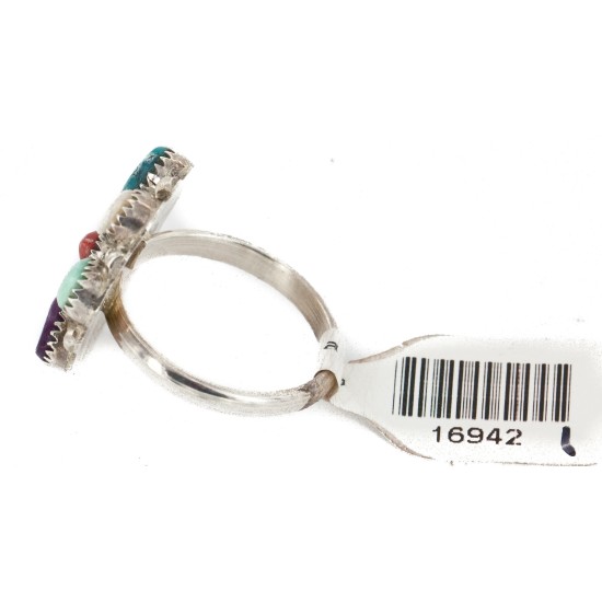 Petit Point Handmade Certified Authentic Zuni .925 Sterling Silver Natural Turquoise and Multicolor Native American Ring  16942-1