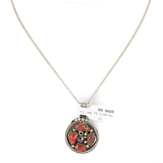 Handmade Certified Authentic Navajo .925 Sterling Silver Coral Native American Necklace 18015