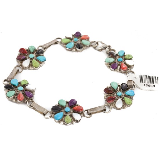 Handmade Certified Authentic Zuni .925 Sterling Silver Petit Point Natural Multicolor Native American Bracelet 12668