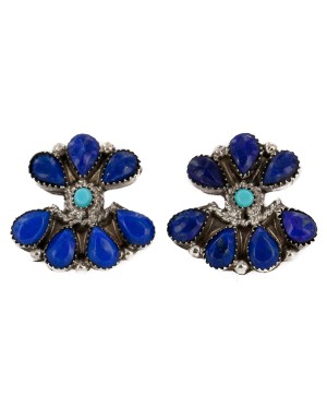 Handmade Certified Authentic Petit Point Zuni .925 Sterling Silver Natural Turquoise and Lapis Stud Native American Earrings 15823