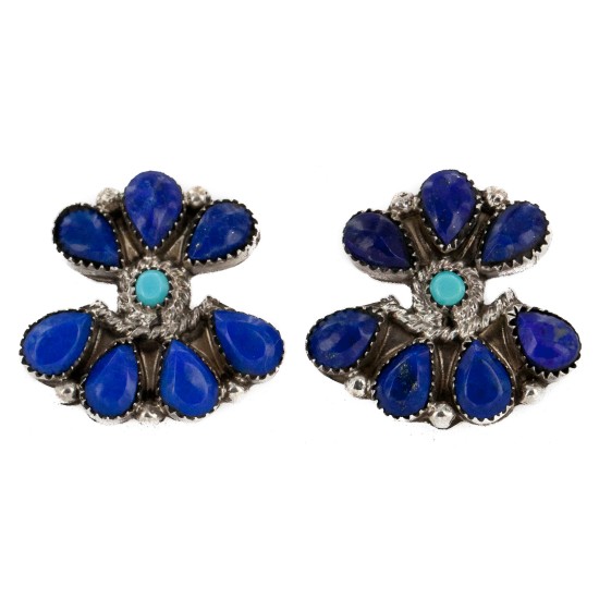 Handmade Certified Authentic Petit Point Zuni .925 Sterling Silver Natural Turquoise and Lapis Stud Native American Earrings 15823
