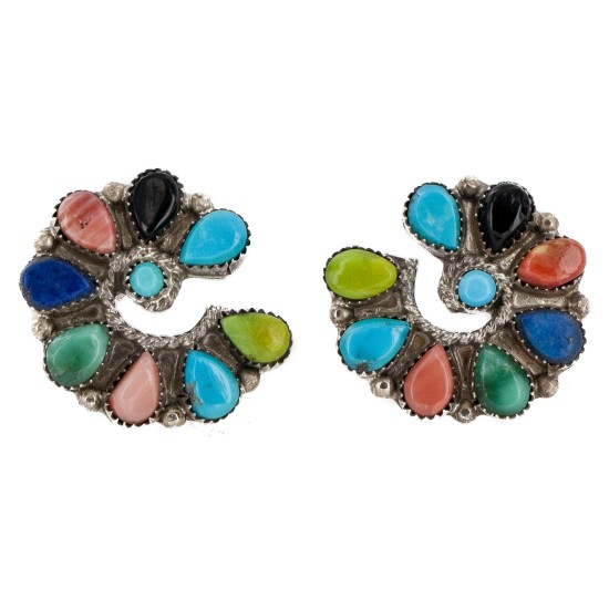 Handmade Certified Authentic Petit Point Zuni .925 Sterling Silver Natural Turquoise and Multicolor Stud Native American Earrings 27127-00