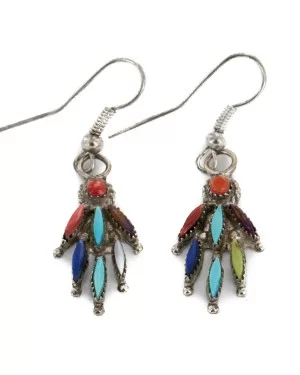 Handmade Zuni .925 Sterling Silver Natural Multicolor Dangle Native American Earrings 27137