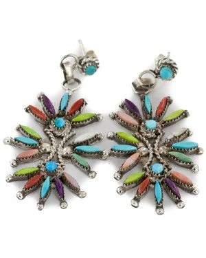 Handmade Zuni .925 Sterling Silver Natural Multicolor Dangle Native American Earrings 27159
