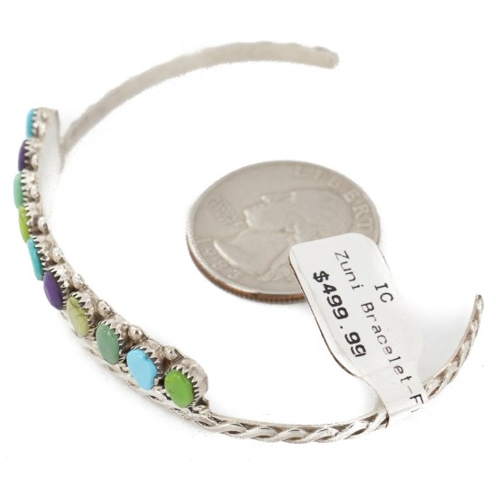 Handmade Certified Authentic Zuni .925 Sterling Silver Natural Sugilite Turquoise and Gaspeite Native American Bracelet 12667-0