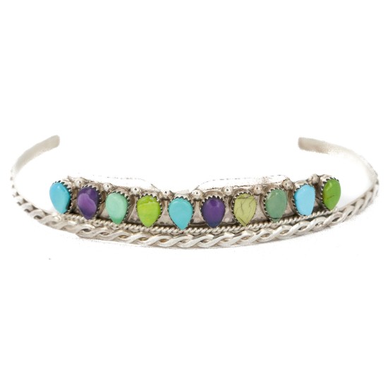 Handmade Certified Authentic Zuni .925 Sterling Silver Natural Sugilite Turquoise and Gaspeite Native American Bracelet 12667-0