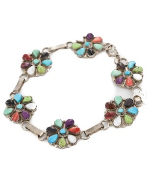 Handmade Certified Authentic Zuni .925 Sterling Silver Petit Point Natural Multicolor Native American Bracelet 12668
