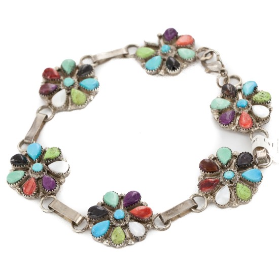 Handmade Certified Authentic Zuni .925 Sterling Silver Petit Point Natural Multicolor Native American Bracelet 12668