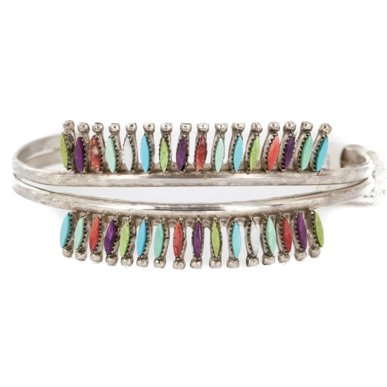 Handmade Certified Authentic Zuni .925 Sterling Silver Petit Point Natural Multicolor Native American Bracelet 12672