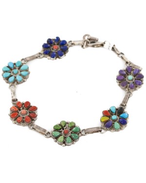 Handmade Certified Authentic Zuni .925 Sterling Silver Petit Point Natural Multicolor Native American Bracelet 12684-1