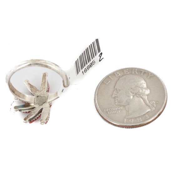 Petit Point Handmade Certified Authentic Zuni .925 Sterling Silver Coral Native American Ring  16985-2