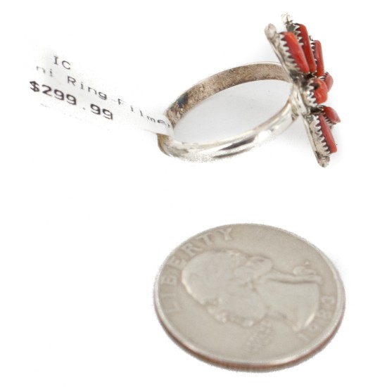 Petit Point Handmade Certified Authentic Zuni .925 Sterling Silver Coral Native American Ring  16985-2