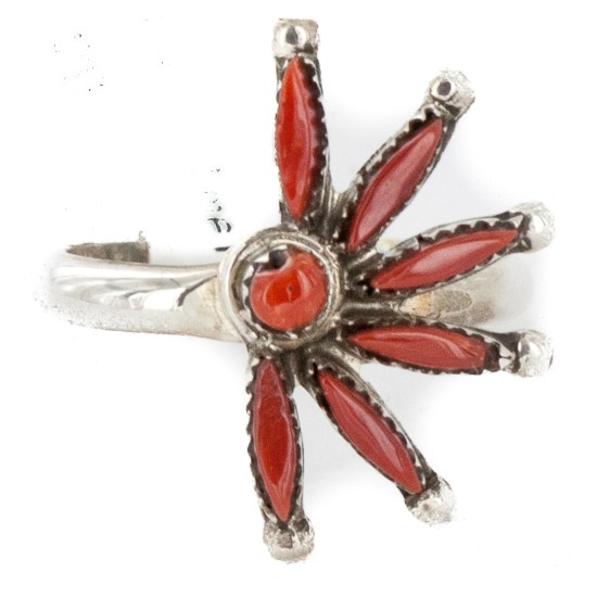 Petit Point Handmade Certified Authentic Zuni .925 Sterling Silver Coral Native American Ring  16985-2