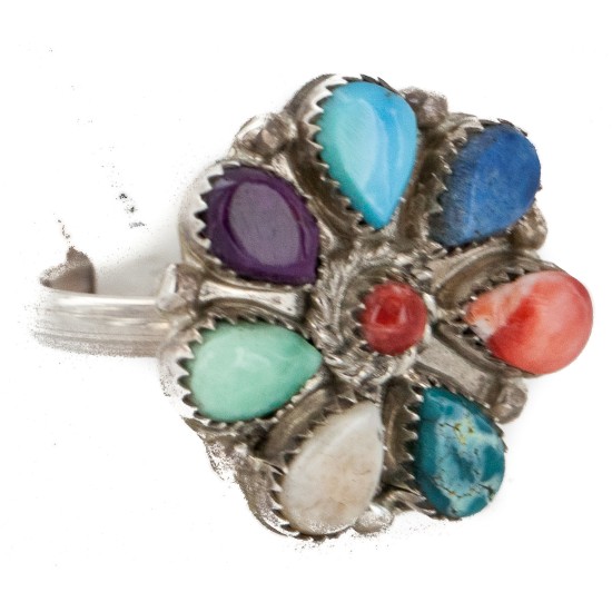 Petit Point Handmade Certified Authentic Zuni .925 Sterling Silver Natural Turquoise and Multicolor Native American Ring  16942-1