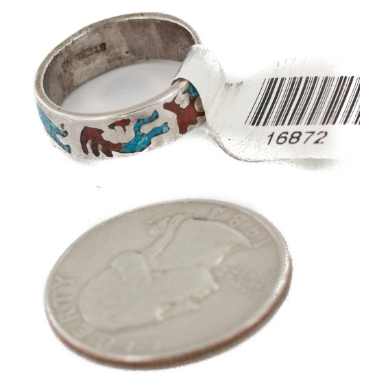 .925 Sterling Silver Handmade Certified Authentic Navajo Coral and Natural Turquoise Native American Ring  16872