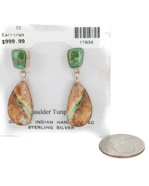 Handmade Certified Authentic Signed .925 Sterling Silver Natural Boulder Turquoise Dangle Native American Dangle Earrings 17934