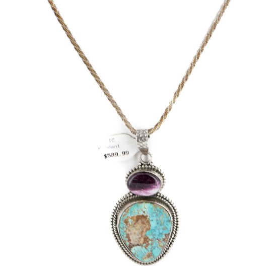 .925 Sterling Silver Handmade Certified Authentic Natural Turquoise and Purple Spiny Oyster Native American Necklace 10053-0