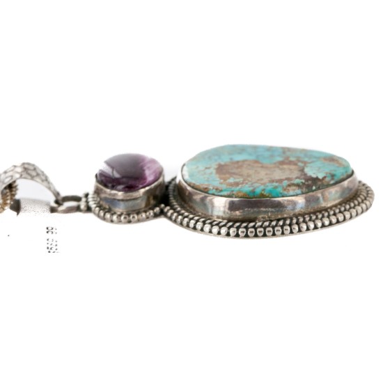 .925 Sterling Silver Handmade Certified Authentic Natural Turquoise and Purple Spiny Oyster Native American Necklace 10053-0