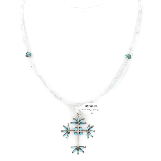 Handmade Cross Certified Authentic Zuni .925 Sterling Silver Petit Point Turquoise Quartz Native American Necklace  24367-16076-101