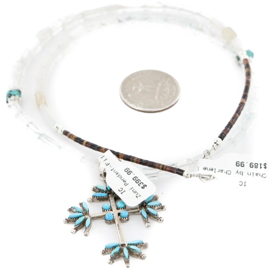 Handmade Cross Certified Authentic Zuni .925 Sterling Silver Petit Point Turquoise Quartz Native American Necklace  24367-16076-101