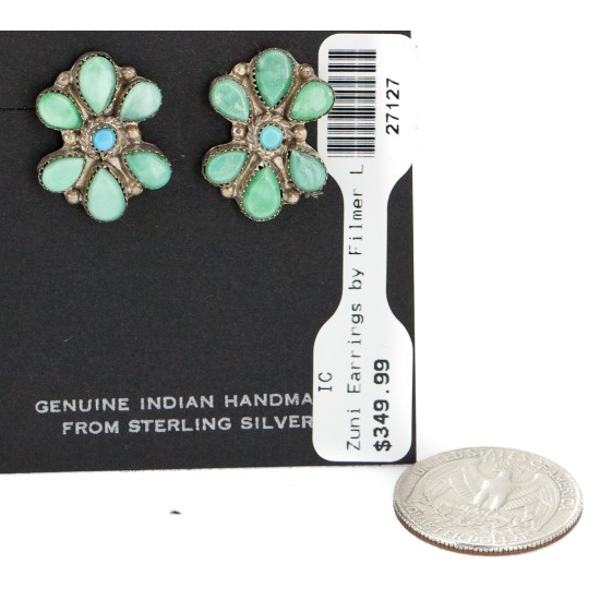 Handmade Certified Authentic Petit Point Flower Zuni .925 Sterling Silver Turquoise Stud Native American Earrings 27127