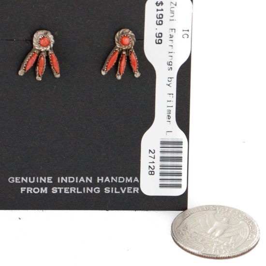 Handmade Certified Authentic Zuni .925 Sterling Silver Coral Stud Native American Earrings 27128